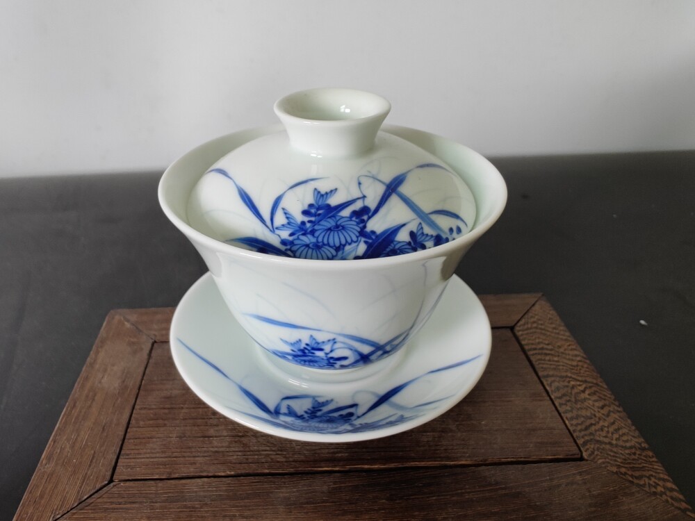 景德镇陶瓷器手拉胚手绘原矿青花空谷幽兰三才盖碗茶具泡茶碗