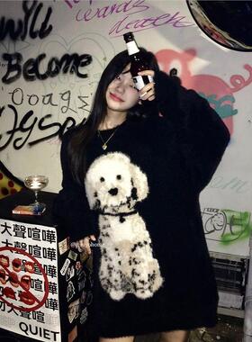 高级黑色毛衣感超好看秋冬加厚上衣斑点狗宽松慵懒提花套头针织衫