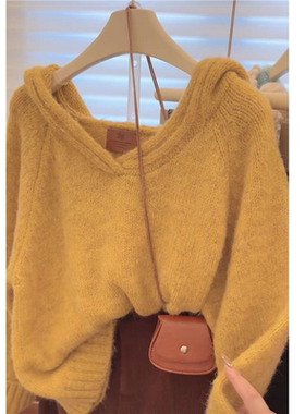 韩系简约软糯温柔风连帽针织毛衣黄色ins长袖纯色套头上衣