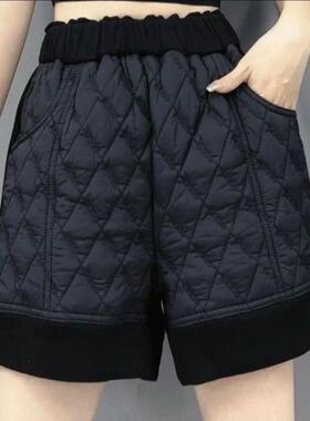 2025秋冬新款小众特色松紧腰休闲简约高腰拉德夹棉外穿阔腿短裤女