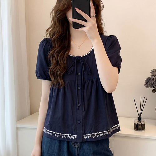 高级感藏青色短袖衬衫女2026新款夏季大码胖mm显瘦正肩娃娃衫上衣