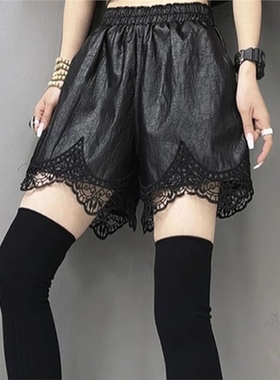 黑色皮裤女秋冬2025新款小个子高腰宽松蕾丝阔腿靴裤外穿PU短裤子