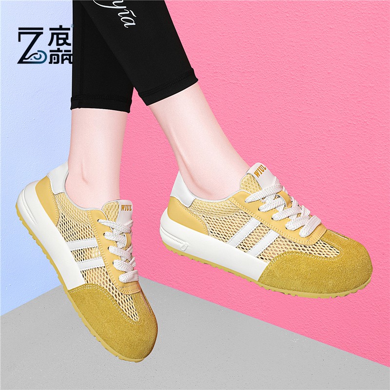 莆田纯原真皮厚底德训鞋女2025春秋新款系带运动休闲百搭拼色复古