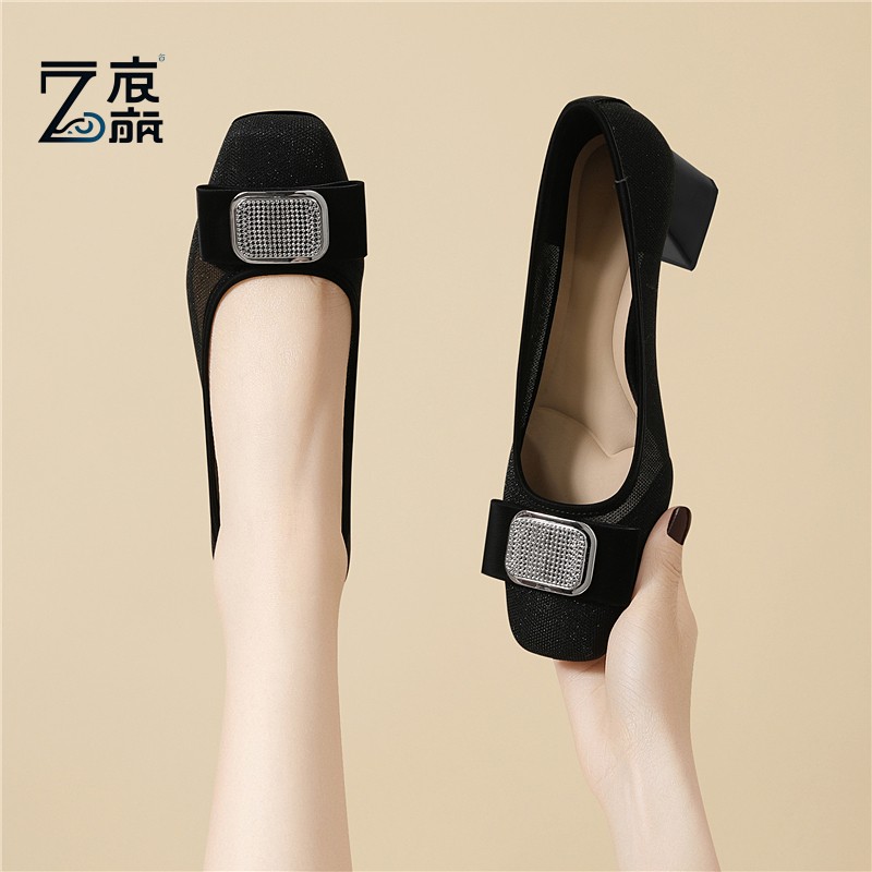 莆田纯原2025新款春夏季网纱单鞋女粗跟透气镂空女鞋夏款尖头浅口