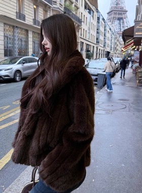 韩雨嘉【中古紫貂】贵气感环保水貂 大翻领双色毛尖工艺皮草外套