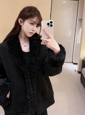 韩雨嘉【C家25B秀款】羊皮绒复合羊羔毛外套女冬宽松皮毛一体上衣