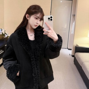 韩雨嘉 羊皮绒复合羊羔毛外套女冬宽松皮毛一体上衣 C家25B秀款