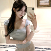 韩雨嘉烫钻字母印花方领短袖 上衣 辣妹紧身显瘦短款 t恤女夏季 美式