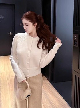 韩雨嘉【纯纯奶白】安哥拉北极绒纱线 白色针织开衫女冬圆领毛衣