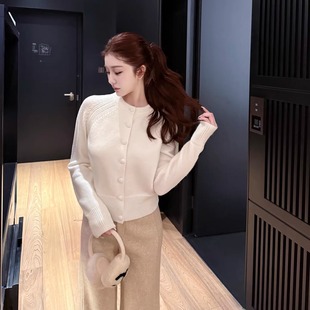 韩雨嘉【纯纯奶白】安哥拉北极绒纱线 白色针织开衫女冬圆领毛衣