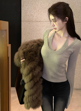 韩雨嘉【古早韩女杏】羊毛假两件大u领挂脖气质感修身显瘦针织衫