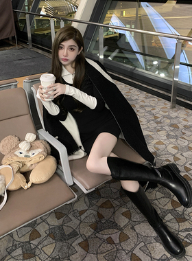 「现货」韩雨嘉黑色针织连衣裙秋冬polo领长袖修身收腰包臀裙打底