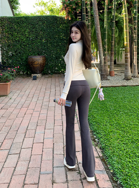 韩雨嘉灰色修身喇叭裤女春夏新款垂感高级感微喇裤显瘦弹力长裤