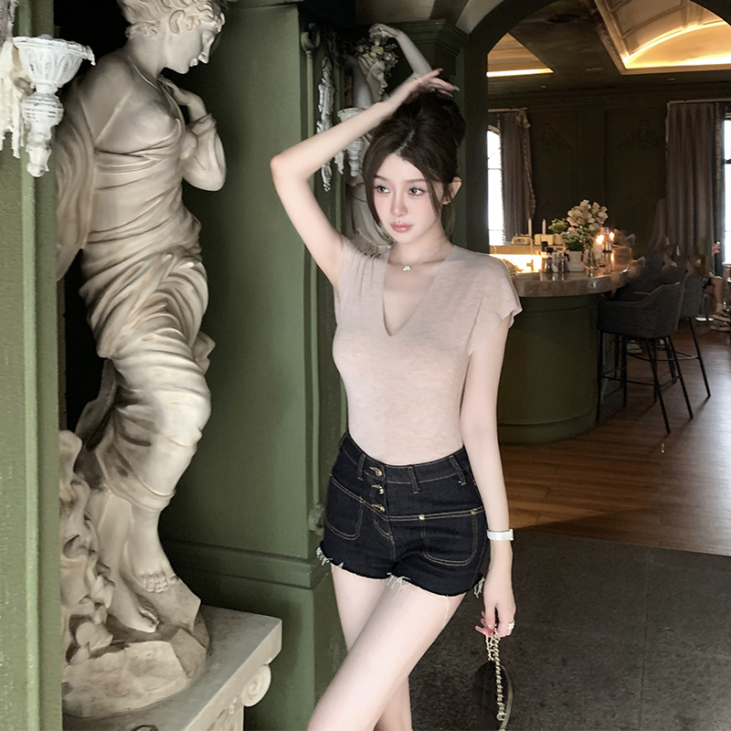 韩雨嘉高腰包臀牛仔短裤女夏设计感薄款修身热裤性感辣妹短款裤子