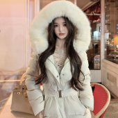韩雨嘉 首尔初雪 90白鸭绒连帽可拆卸大毛领收腰羽绒服保暖外套