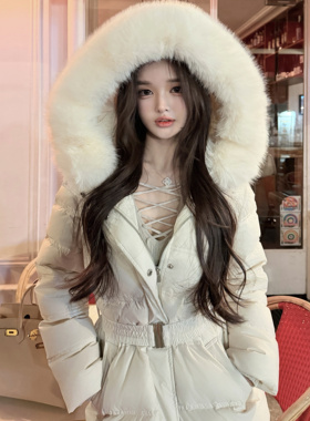 韩雨嘉【首尔初雪】90白鸭绒连帽可拆卸大毛领收腰羽绒服保暖外套