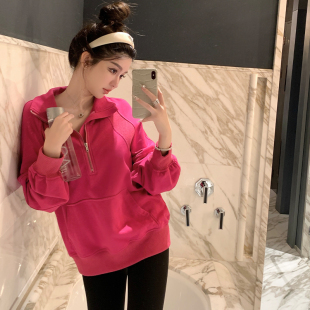 上衣 polo领oversize宽松长袖 韩雨嘉美式 半拉链套头卫衣女春秋款