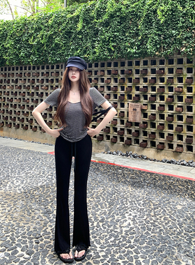 韩雨嘉【针织垂垂裤】黑色高腰针织裤女垂感修身显瘦喇叭休闲长裤