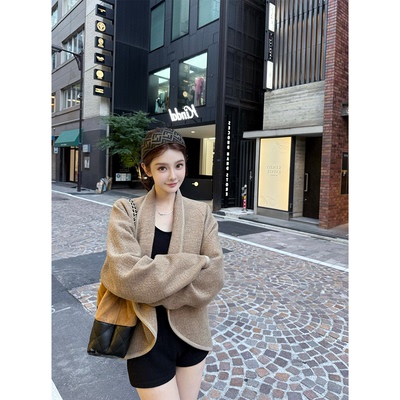 驼色翻领毛衣纹理感毛呢宽松外套