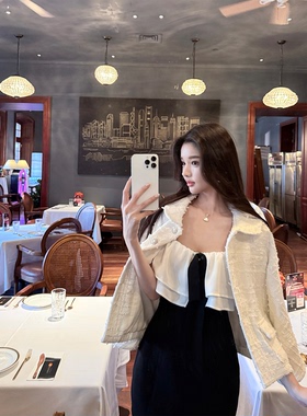 韩雨嘉【巴洛克情书】黑白蝴蝶结吊带 双层荷叶边蝴蝶结连衣裙