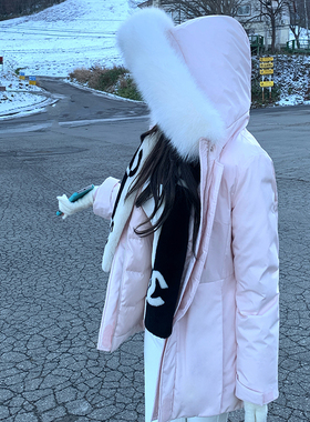 「现货」韩雨嘉【清冷淡颜粉】狐狸毛连帽收腰90白鸭绒短款羽绒服