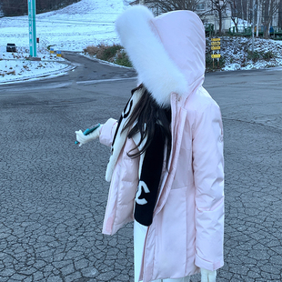 「现货」韩雨嘉【清冷淡颜粉】狐狸毛连帽收腰90白鸭绒短款羽绒服