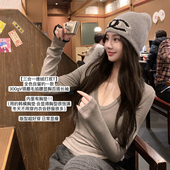 纯色v领磨毛t恤修身 韩雨嘉 三合一德绒打底T 显瘦含胸垫短上衣