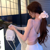 显瘦交叉设计感美背短款 韩雨嘉粉色大u领无袖 吊带背心女夏季 上衣