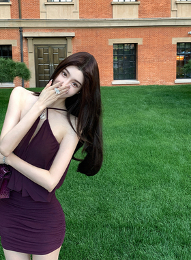 韩雨嘉【黑加仑紫】纯欲紫色挂脖短裙女设计感收腰显瘦包臀连衣裙