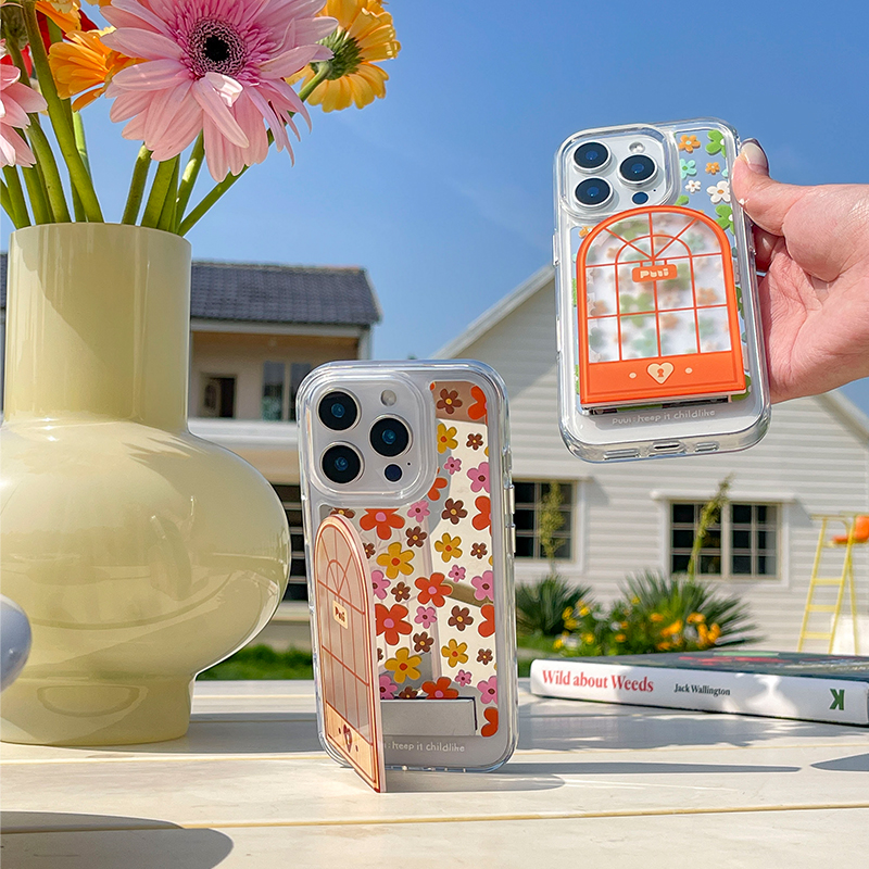 Puui原创适用苹果17/17pro夏季清新iphone16镜面手机壳16promax苹果15pro花朵插画15promax带支架ins风手机壳