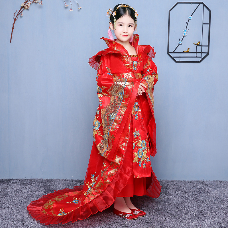 儿童古装皇后服装女童宫廷汉服拖尾中国风女孩唐朝贵妃娘娘演出服