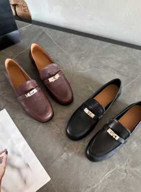 滨莉26真皮金属锁扣乐福鞋女一脚蹬新款英伦风软皮平底小皮鞋女鞋