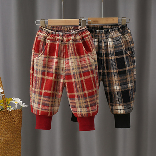 女童裤子2025新款休闲裤格子裤洋气红色加绒一条过冬灯笼裤宽松潮