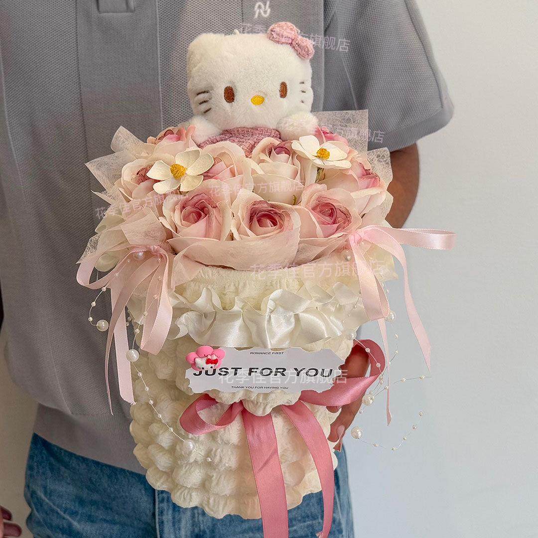情人节送女友成品花束玫瑰仿真花KT猫假花永生花送闺蜜生日礼物