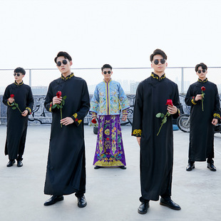 出租2021中式结婚礼服伴郎伴娘服男士长衫长袍大褂民国古装兄弟相