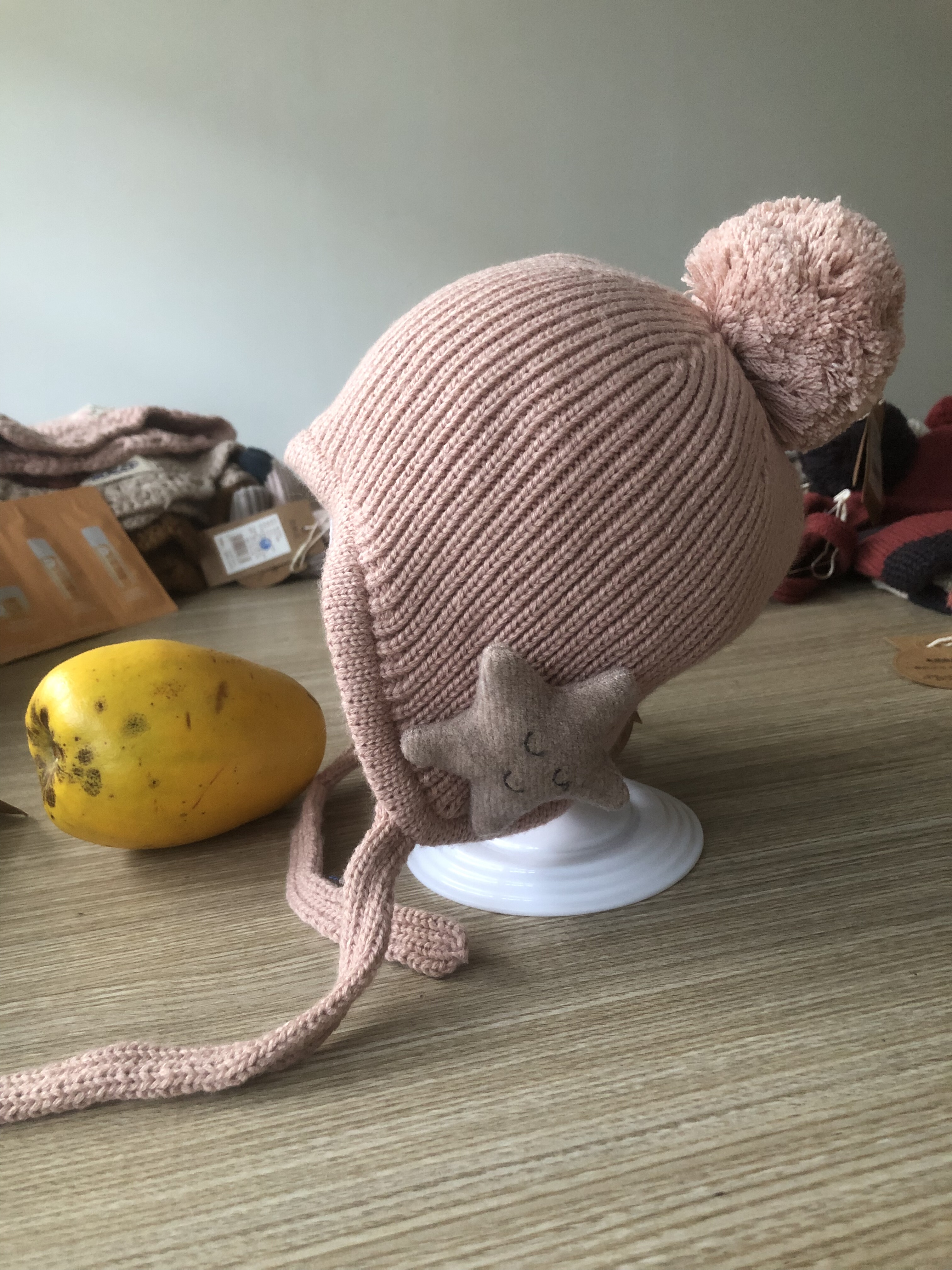 木然良品冬宝宝帽子针织帽保暖儿童纯棉衬毛球护耳翻边帽新中式