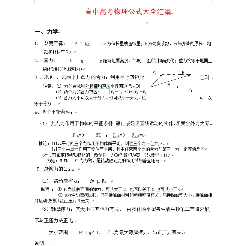 高中高考物理公式大全汇编word版共12页电子版