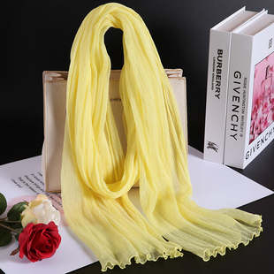 时尚休闲百搭小清新的韩国褶皱真丝围巾100%桑蚕丝丝巾女浅鹅黄色