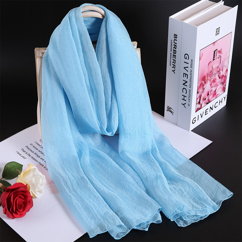 正品桑蚕丝围巾女纯色妈妈真丝丝巾春秋季保暖天蓝色冬天飘逸披肩