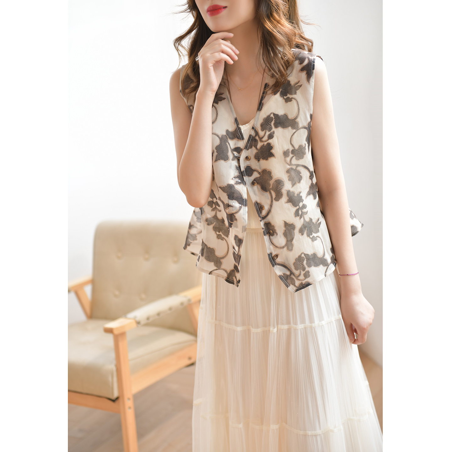 GESGOO復古印花歐根紗真絲馬甲