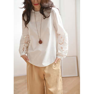 GESGOO原创设计白色纯棉衬衫女设计感绣花袖衬衣法式上衣早春新品