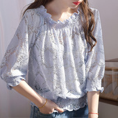 紫色收腰洋气小衫 早秋很仙 镂空潮 一字肩衬衫 甜美蕾丝上衣女短款