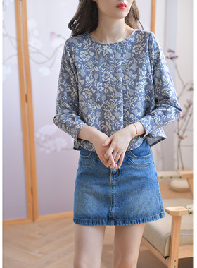 GESGOO复古文艺提花蓝色衬衫女秋季新款气质圆领设计感纯棉短上衣