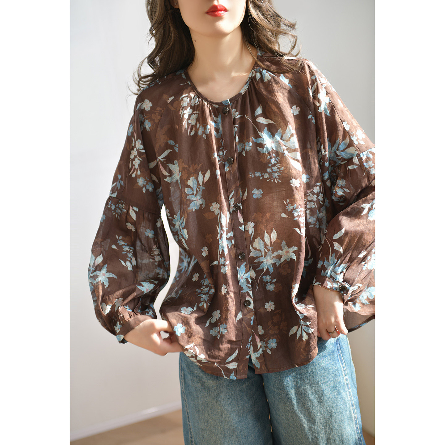 GESGOO宽松圆领棉麻衬衫女春季气质碎花衬衣单排扣长袖上衣26新品,女装/女士精品,衬衫,淘宝优惠券,粉丝福利购,淘宝优惠卷