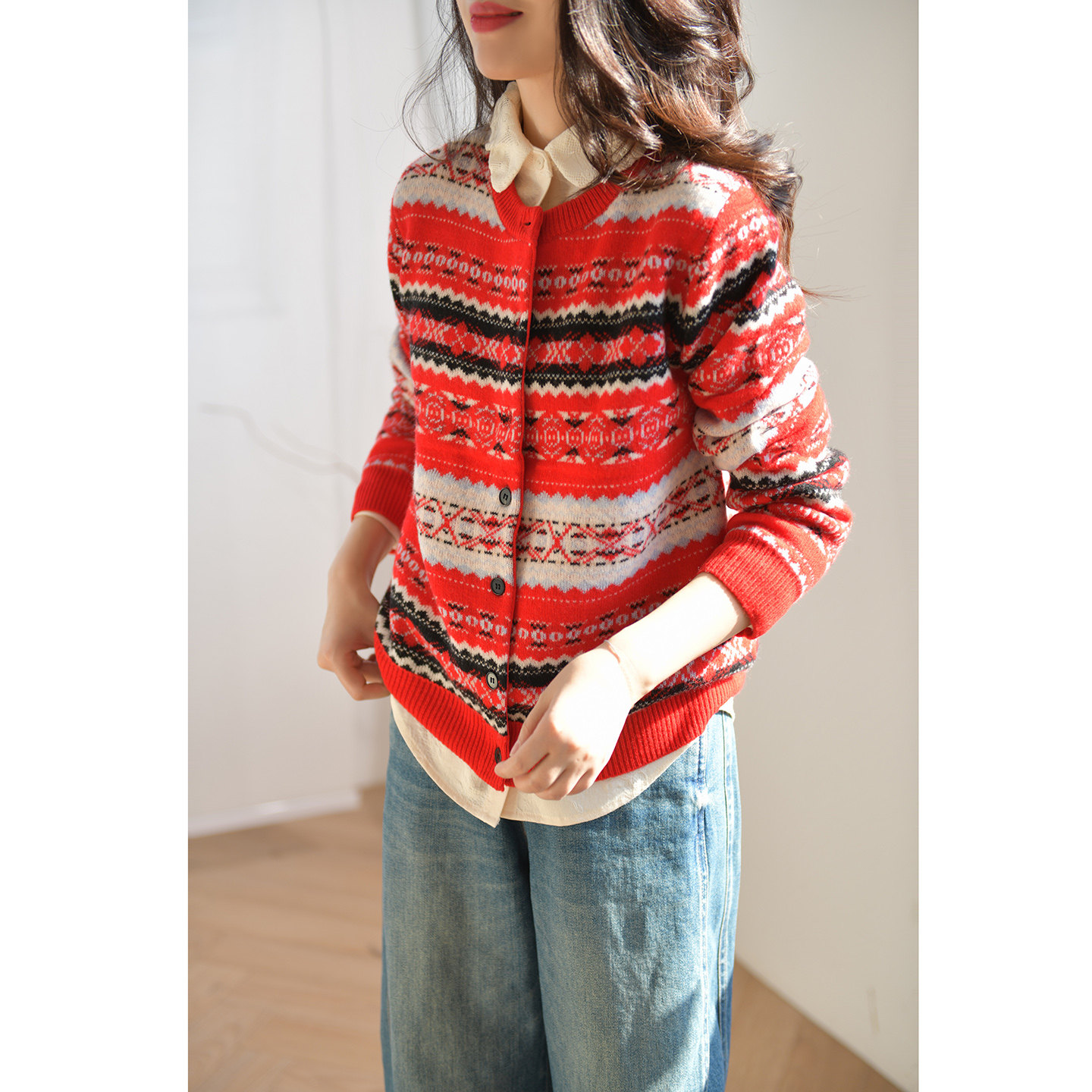 GESGOO今年流行费尔岛毛衣开衫女新年红色针织外套秋冬慵懒高级感,女装/女士精品,毛衣,淘宝优惠券,粉丝福利购,淘宝优惠卷