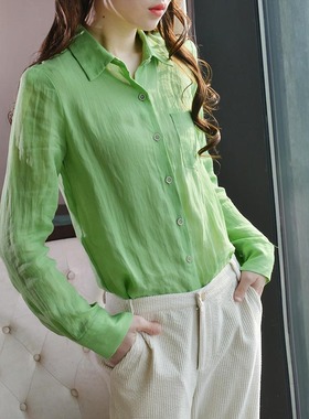 绿色苎麻衬衫女长袖小衫春秋新款设计感上衣翻领洋气衬衣薄款复古