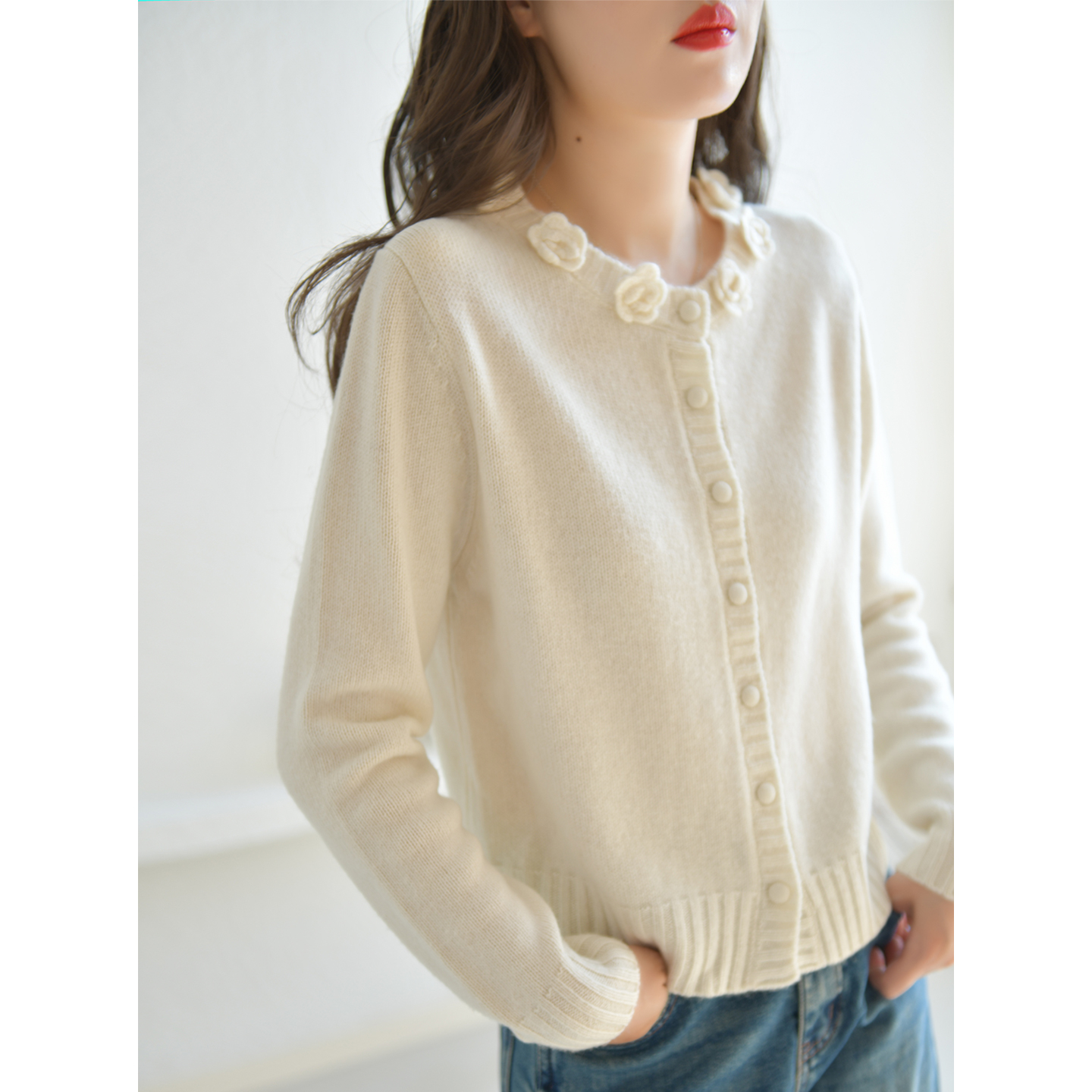 GESGOO重工立体钩花设计针织开衫