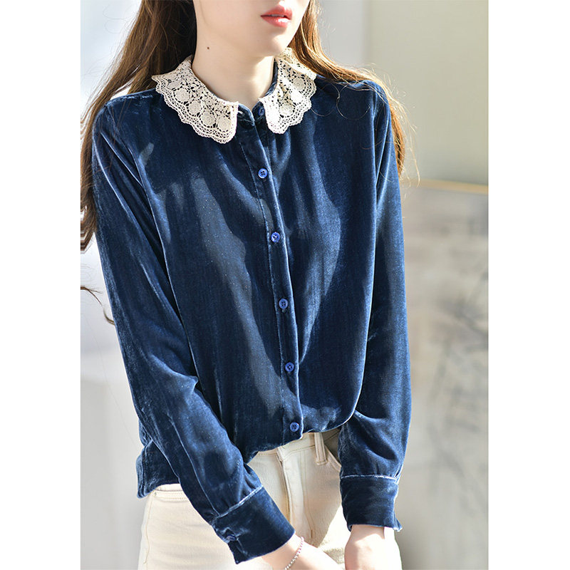 蓝色金丝绒上衣真丝衬衫女春装2022新款气质拼接蕾丝长袖内搭衬衣