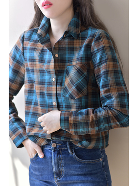 英伦风印花格子衬衫女2023新款春秋棉麻上衣复古格纹长袖衬衣叠穿