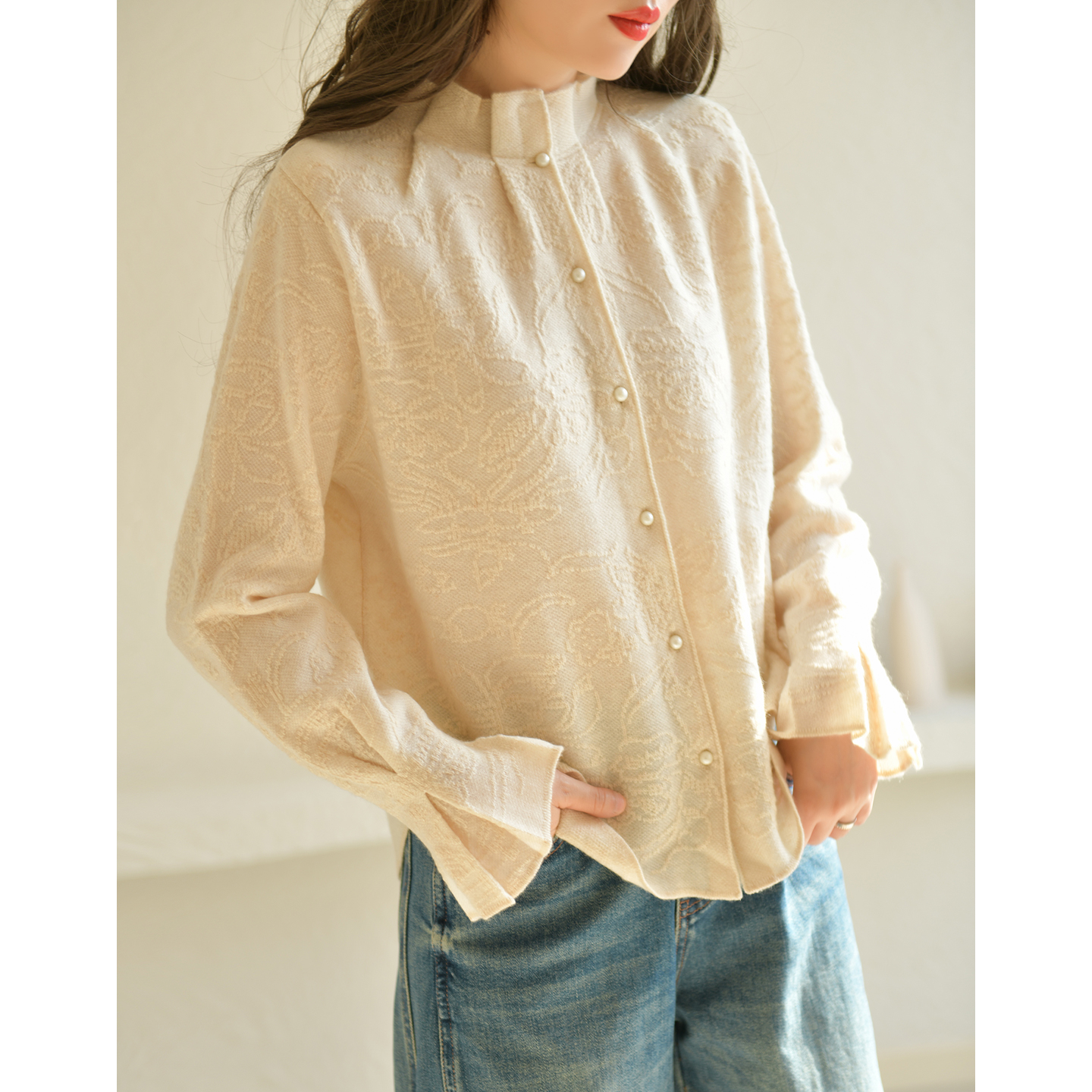 GESGOO慵懒半高领木耳边羊绒毛衣